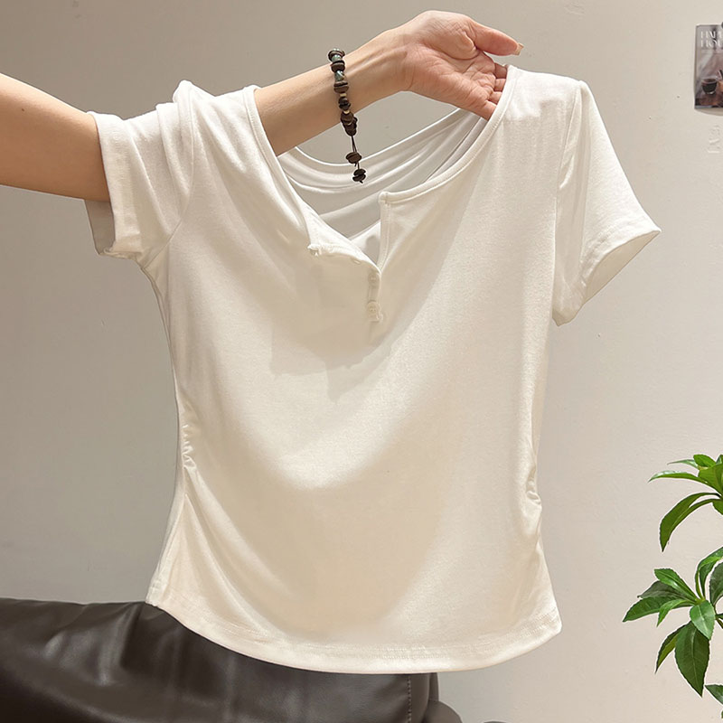 Korean Street Fashion Female - Women's Half-open Collar Button T Shirts