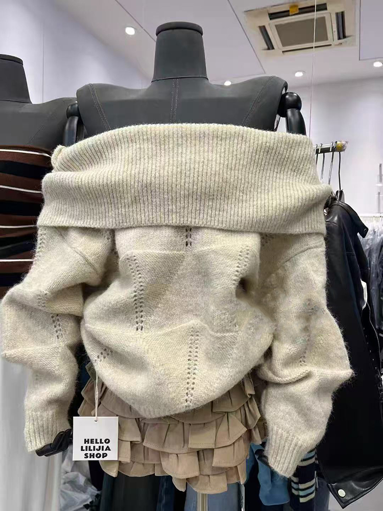 Korean Street Fashion Female - Fashion Slash Neck Knit Sweater Korean
