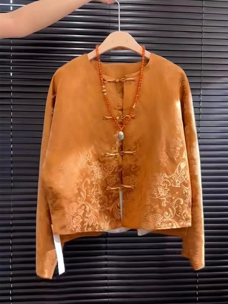 Street Fashion In Chinese - New High-End Satin Orange Floral Embroidery